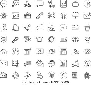 Thin outline vector icon set with dots - Bucket vector, outsourcing, Spam, Web Link, Ranking, Computer Based Training, Trademark, Video streaming, media player, Live Event, games, Clothes, t shirt