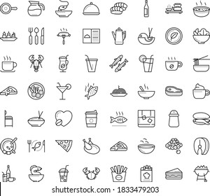 Thin outline vector icon set with dots - restaurant menu vector, starters, Soup, main dish, Beverage, Pasta, Pizza, Salad, drinks, sandwich, seafood, chicken, vegetarian, mussel, fish steak, sardine