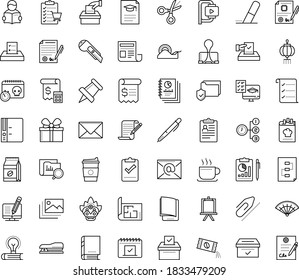 Thin outline vector icon set with dots - hr policies vector, Copywriting, Distance Exam, electronic Book, Priority, Paperclip, Pen, Folder, Eraser, Pin, Envelope, Stapler, Scissors, Scotch tape, box