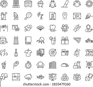 Thin outline vector icon set with dots - cough vector, celebration, successful woman, hr strategy, Business Company, Eraser, cloud computing, link building, Target, blouse, sweatshirt, hero, Pizza