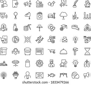 Thin outline vector icon set with dots - holly vector, Wheelbarrow, Plumbing service, Car repair, Social media marketing, Entrepreneurship, Creative people, Inkwell, creativity, main dish, bouquet