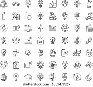 Thin outline vector icon set with dots - innovation vector, Idea, great solution, Creative process, Table lamp, creativity, electric bycicle, fintech, Commerce solutions, factory, nuclear power, dam