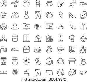 Thin outline vector icon set with dots - chills vector, christmas stocking, referral, Translation service, Hairdressing salon, Ranking, Video marketing, Algorithm, Scissors, Origami, Clothes, woman