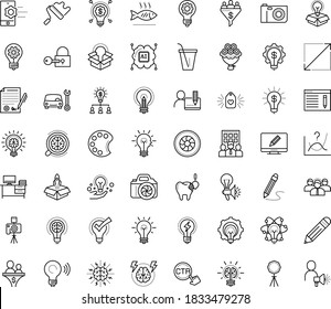Thin outline vector icon set with dots - innovation vector, Car repair service, SEO copywriting, Creative campaign, Entrepreneurship, Business Company, Collaborative idea, Brain storm, Pencil, Desk