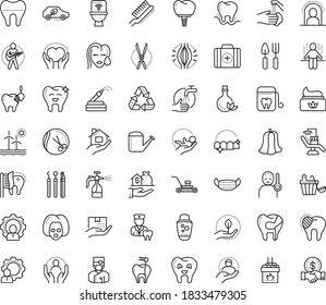 Thin outline vector icon set with dots - quarantine vector, fever, medical mask, wash hands, muscle pain, Lawnmower, Watering can, Gardening scissors, Garden hose, tools, Spray bottle, Real estate