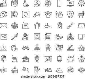 Thin outline vector icon set with dots - muscle pain vector, cough, santa sleigh, champagne, angel, holly, innovation, Disinfection service, Blended Learning, Webinar, Small business, Pen, Envelope