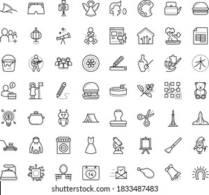 Thin outline vector icon set with dots - cough vector, santa, angel, teddy bear, Christmas bell, successful woman, Lawnmower, Promo website, Autonomous, Clustering, AI Robot, Pencil and ruler, Easel