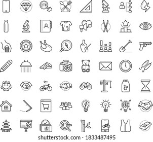 Thin outline vector icon set with dots - teddy bear vector, vision, Shovel, Scythe, Gardening scissors, hr planning, Keyword, Ranking, Presentation, Partnership, Pencil, Envelope, Idea, DSLR camera
