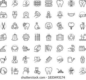 Thin outline vector icon set with dots - quarantine vector, fever, medical mask, wash hands, muscle pain, Lawnmower, Watering can, Gardening scissors, Garden hose, Spray bottle, babysitting service