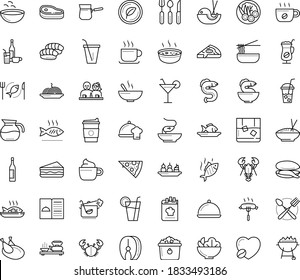 Thin outline vector icon set with dots - restaurant menu vector, starters, Soup, Fish, main dish, chef, Beverage, Pasta, Pizza, Salad, drinks, sandwich, seafood, chicken, vegetarian, dating, mussel