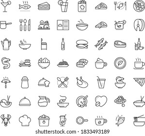 Thin outline vector icon set with dots - restaurant menu vector, Soup, main dish, chef, Beverage, Pasta, Pizza, Salad, drinks, sandwich, seafood, chicken, vegetarian, dating, mussel, fish steak, eel