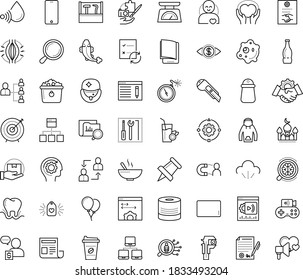 Thin outline vector icon set with dots - muscle pain vector, hr planning, employee relations, solutions, SEO copywriting, electronic Book, Cognitive Science, Magnifier, Pin, Cutter knife, software