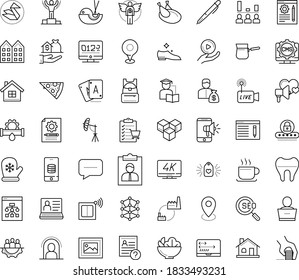 Thin outline vector icon set with dots - quarantine vector, Santa gloves, winner, hr software, questions, Plumbing service, SEO copywriting, Mobile marketing, Content management, Blog, Self learning