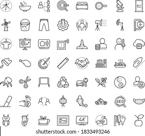 Thin outline vector icon set with dots - fever vector, medical mask, disinfect, hr planning, Car rental, SEO, Keyword, AI Robot, Paperclip, Eraser, Scissors, 4K Streaming, Video Compression, Clothes