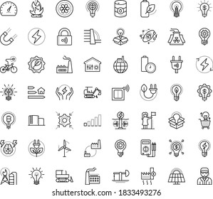 Thin outline vector icon set with dots - innovation vector, successful woman, Electronics repair, Entrepreneurship, Brain storm, Idea, Creative process, excavator, bulldozer, electric bycicle, dam