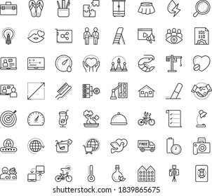Thin outline vector icon set with dots - Video marketing vector, Computer Based Training, Interactive Course, Stationery, Magnifier, Eraser, Aspect Ratio, coding, Creative process, Table lamp, Chess