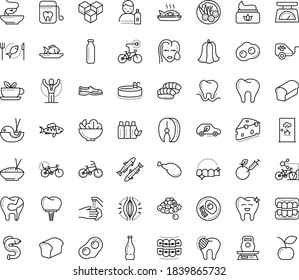 Thin outline vector icon set with dots - muscle pain vector, stay hydrated, champion, sneakers, Fish, Salad, seafood, breakfast, bread, Bike Child seat, pet trailer, sharing, electric bycicle, steak