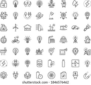 Thin outline vector icon set with dots - innovation vector, Entrepreneurship, Idea, great solution, Creative process, Table lamp, creativity, electric bycicle, fintech, Commerce solutions, factory