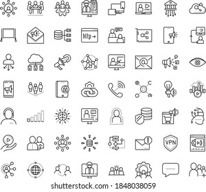 Thin Outline Vector Icon Set With Dots - Self Isolation Vector, Teamwork, Referral, Job Interview, Social Media Marketing, Spam, Creative Campaign, Mobile, Affiliate, Online Training, Video, Webinar