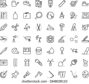 Thin outline vector icon set with dots - Scythe vector, Wheelbarrow, Watering can, Gardening scissors, Garden hose, tools, pruner, Hairdressing salon, Electronics repair, Productivity, Data mining
