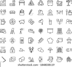 Thin outline vector icon set with dots - gingerbread man vector, career growth, Scythe, Car wash service, Mobile marketing, Ranking, Interactive Course, Business Company, Board stand, Webinar, bread