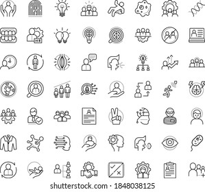 Thin outline vector icon set with dots - headache vector, muscle pain, avoid contacts, sneezing, cough, victory, teamwork, Human Resources, hr manager, planning, consulting, software, Resour es, DNA