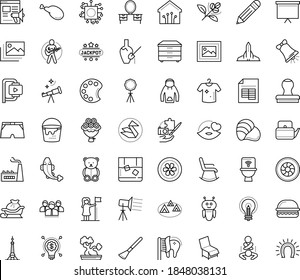 Thin outline vector icon set with dots - santa sleigh vector, teddy bear, Christmas bell, successful woman, Promo website, Autonomous, AI Robot, Pencil, Board stand, Video Compression, palette, kiss