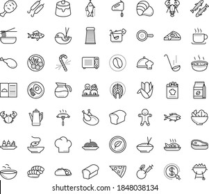 Thin outline vector icon set with dots - gingerbread man vector, candy cane, restaurant menu, starters, Soup, chef dish, Pasta, Pizza, Salad, dessert, chicken, breakfast, vegetarian, bread, dating
