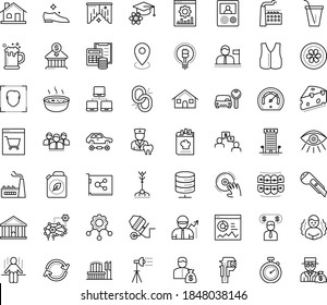 Thin outline vector icon set with dots - chills vector, Car rental, Website optimization, Investor, Entrepreneur, Deep learning, Cutter knife, Bandwidth, statistics, Vision, DJ, vest, house, coach