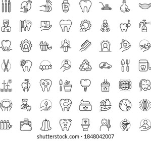 Thin outline vector icon set with dots - quarantine vector, fever, medical mask, wash hands, muscle pain, Lawnmower, Gardening scissors, tools, Spray bottle, babysitting service, Real estate, client