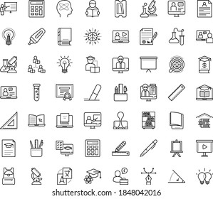 Thin outline vector icon set with dots - resume vector, Translation service, eLearning, Computer Based Training, Distance Learning, Exam, Interactive Course, Online, Video, teacher, Asynchronous