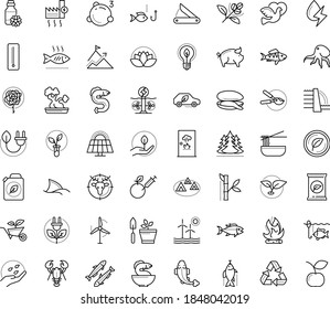 Thin outline vector icon set with dots - Plant vector, Garden pruner, fertilizer, seeds, service, Fishing, Hunting, Gardening, vegetarian, rose, dove, Seafood, mussel, sardine, perch, eel, lobster