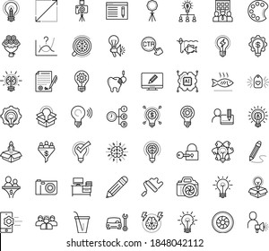 Thin outline vector icon set with dots - innovation vector, Car repair service, SEO copywriting, Creative campaign, Business Company, Collaborative idea, Brain storm, Cognitive Science, Priority