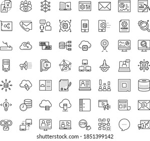 Thin outline vector icon set with dots - hr software vector, Translation service, Web analytics, SEO monitoring, Content management, optimization, eLearning, Audio Conference, Video training, Folder