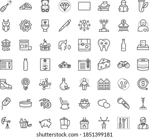 Thin outline vector icon set with dots - panic vector, cough, santa sleigh, champagne, teddy bear, winner, SEO copywriting, AI Pattern, Robot, Pen, Cutter knife, curve, Reading, repair kit, Mining