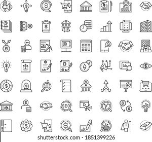 Thin outline vector icon set with dots - growth vector, SEO, Cost per click, Marketing research, budget, solutions, Presentation, Entrepreneurship, Business incubator, Partnership, Company, Folder