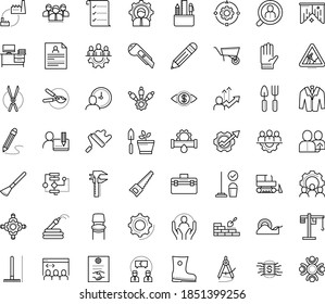 Thin outline vector icon set with dots - teamwork vector, Rake, Gardening scissors, Hand saw, Rubber boots, Garden hose, gloves, tools, pruner, referral, permanent recruitment, resume, Cleaning