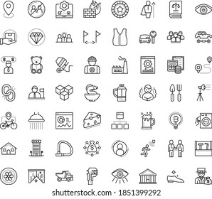 Thin outline vector icon set with dots - chills vector, avoid contacts, teddy bear, vision, Gardening tools, Car rental, User, Website optimization, Entrepreneur, statistics, testing, vest, Tipper