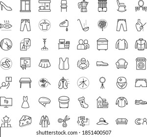 Thin outline vector icon set with dots - chills vector, christmas stocking, referral, Translation service, Hairdressing salon, Ranking, Video marketing, Algorithm, Scissors, Origami, Clothes, woman