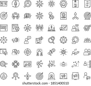 Thin outline vector icon set with dots - goal vector, tactics, referral, hr planning, consulting, permanent recruitment, outsourcing, human Resour es, solutions, strategy, Search engine, Digital