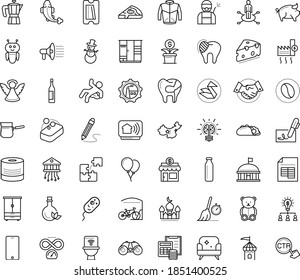 Thin outline vector icon set with dots - snowman vector, angel, teddy bear, area of specialization, Disinfection service, Small business, Collaborative idea, AI Robot, Sharpener, Sketching, creative