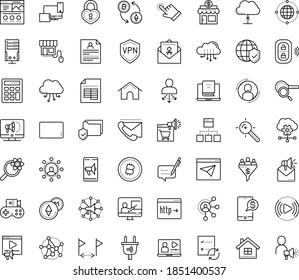 Thin outline vector icon set with dots - resume vector, Target keywords, Mail marketing, User, Video, Mobile, Affiliate, Online Training, library, Small business, Big data, streaming, Game, bitcoin