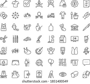 Thin outline vector icon set with dots - santa vector, gift bag, angel, christmas stocking, vision, Shovel, area of specialization, Cleaning service, SEO, Clustering, Pen, Scissors, Inkwell, vest