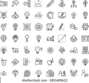 Thin outline vector icon set with dots - innovation vector, Car repair service, SEO copywriting, Creative campaign, Entrepreneurship, Business Company, Collaborative idea, Brain storm, Priority