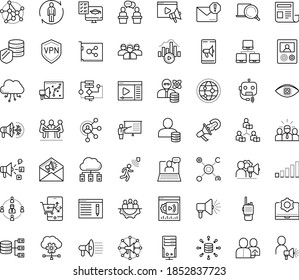 Thin outline vector icon set with dots - referral vector, human Resour es, SEO copywriting, Video marketing, Social media, Spam, Mobile, Affiliate, Distance Exam, Asynchronous Learning, Leadership