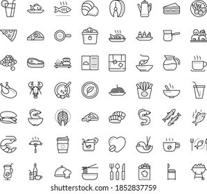 Thin outline vector icon set with dots - restaurant menu vector, starters, Fish, chef dish, Beverage, Pasta, Pizza, drinks, sandwich, seafood, chicken, vegetarian, dating, mussel, steak, sardine