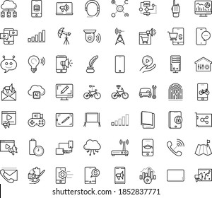 Thin outline vector icon set with dots - Car repair service vector, Video marketing, Web analytics, Mobile, Webdesign, Digital, Email, electronic Book, Learning, Algorithm, Chat Bot, blog, Bitrate