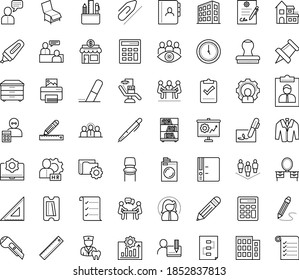 Thin outline vector icon set with dots - hr manager vector, consulting, job interview, Laundry service, Small business, Paperclip, Pen, Pencil, and ruler, Folder, Eraser, Pin, Calculator, Marker