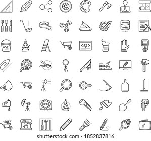 Thin outline vector icon set with dots - Rake vector, Scythe, Wheelbarrow, Garden gloves, pruner, service, Productivity, Data mining, Paperclip, Pencil, Magnifier, Scissors, Marker, Cutter knife