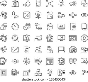 Thin outline vector icon set with dots - Video marketing vector, Mobile, Cost per click, Social campaign, Affiliate, Distance Learning, teacher, electronic Book, Self, Artificial Intelligence, DSLR